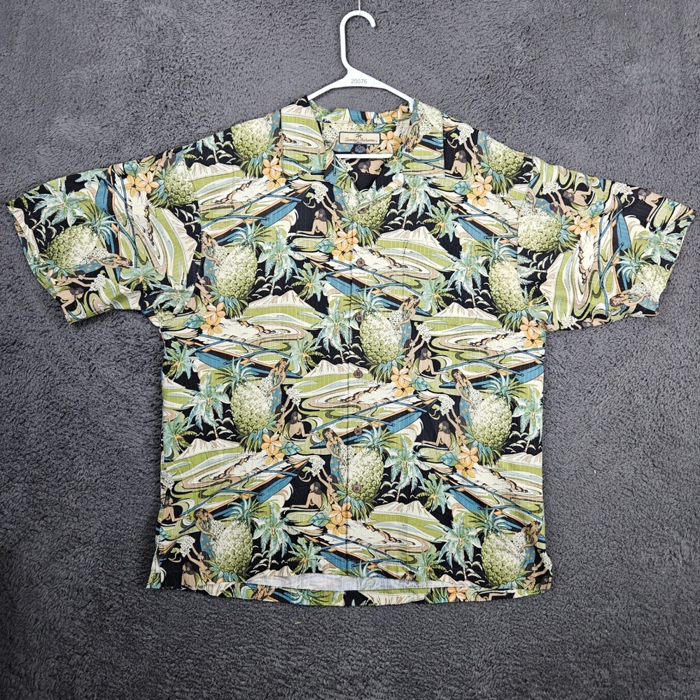Tommy Bahama Mens XL Silk Cotton Hula Girl Pineapple Tropical Camp Shirt Green